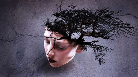 Opening to a Whole New Way of Being woman's head with a crack and with tree growing from the back of her head